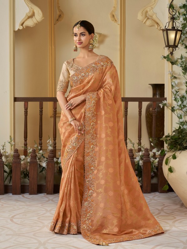 Pure Tissue Silk Wedding wear Light Orange Color With Embroidery Work