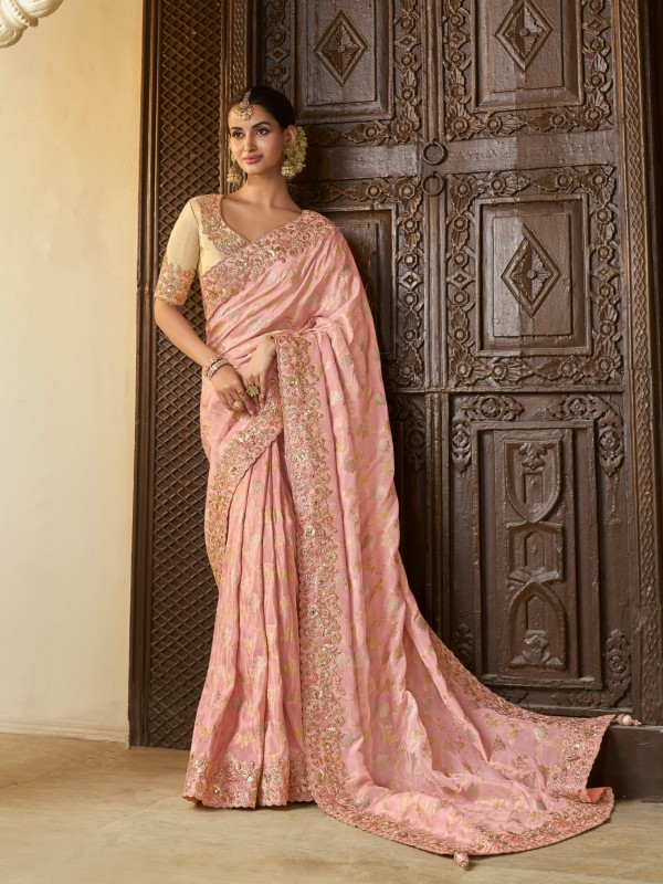 Pure Tissue Silk Wedding wear Peach Color With Embroidery Work