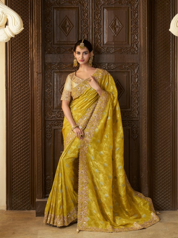 Pure Tissue Silk Wedding wear Yellow Color With Embroidery Work