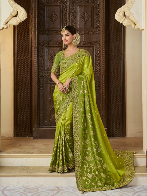 Pure Tissue Silk Wedding wear Green Color With Embroidery Work