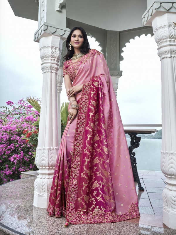 Pure Tissue Silk Wedding wear Pink Color With Embroidery Work