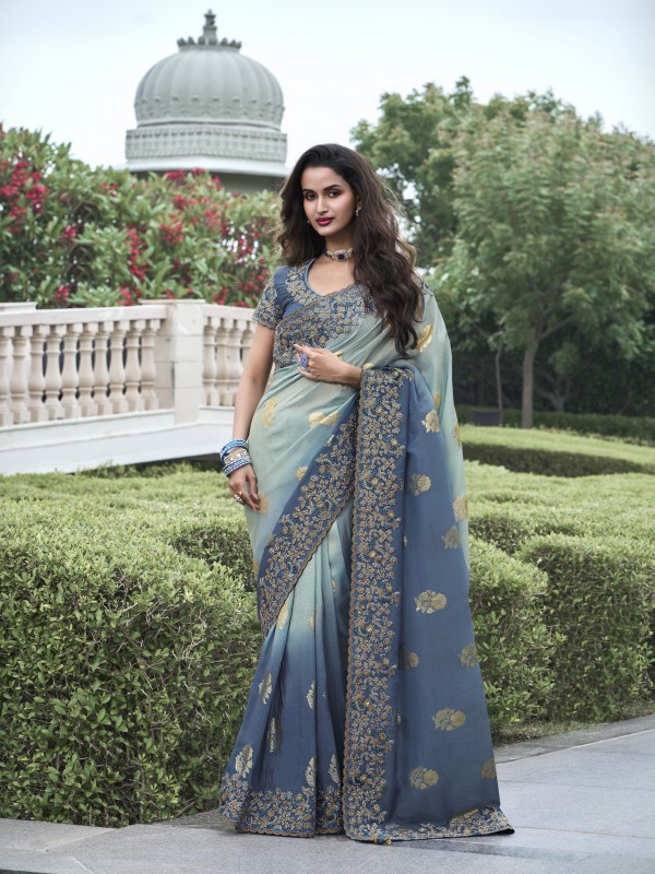 Pure Tissue Silk Wedding wear Mint Blue Color With Embroidery Work