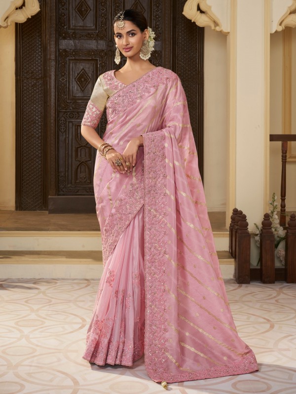 Pure Tissue Silk Wedding wear Light Pink Color With Embroidery Work