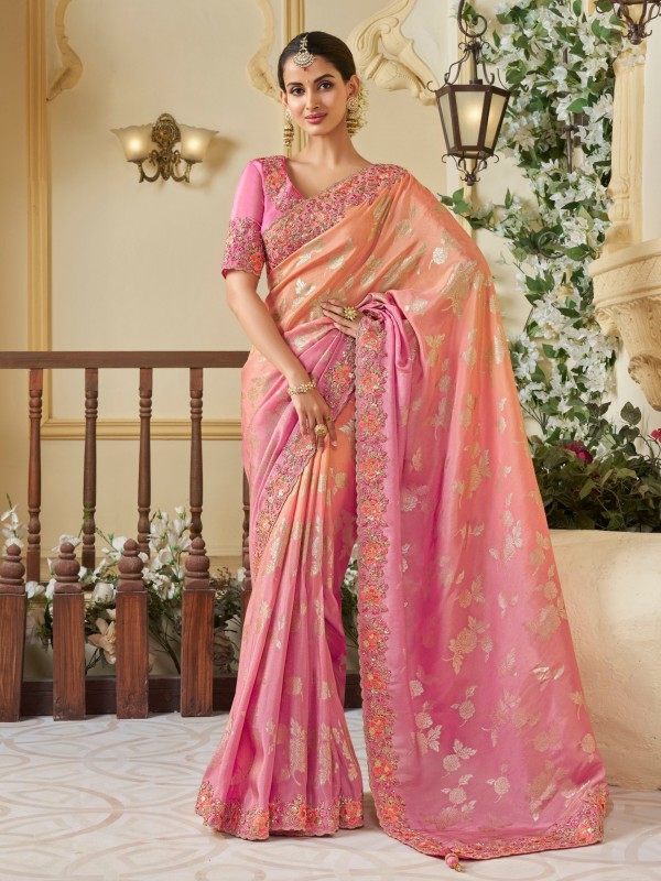 Pure Tissue Silk Wedding wear Pink Color With Embroidery Work