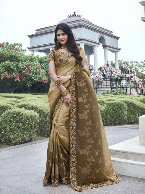 Pure Tissue Silk Wedding wear Dark Brown Color With Embroidery Work