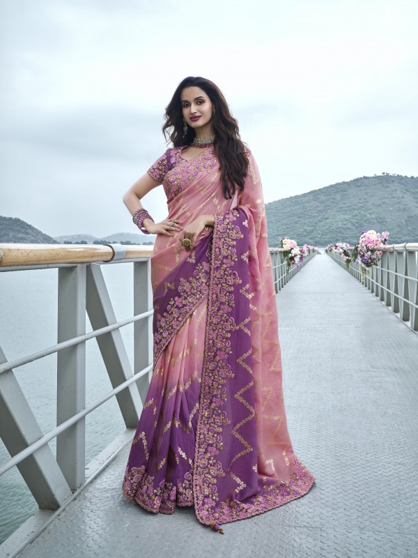 Pure Tissue Silk Wedding wear Pink & Purple Color With Embroidery Work