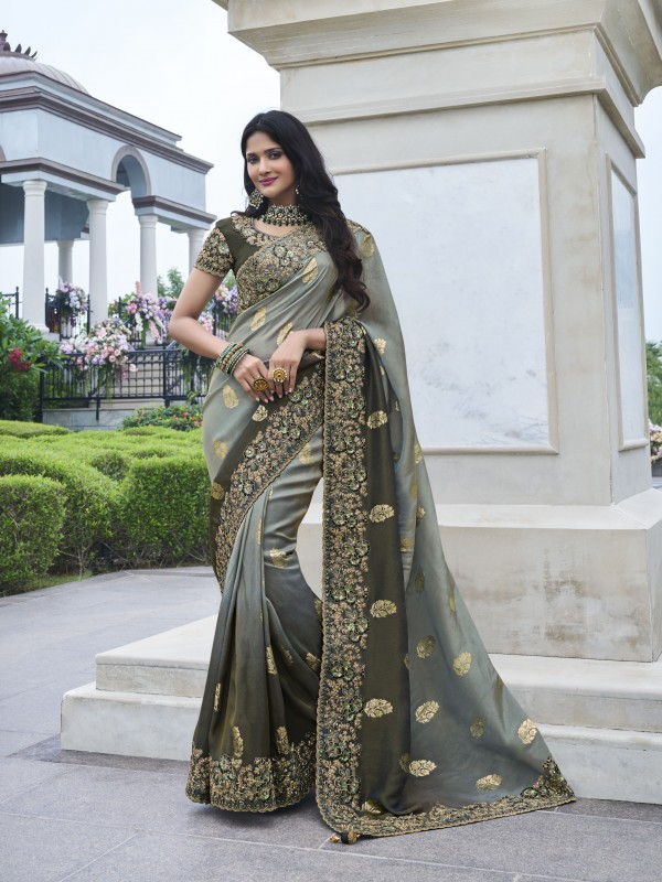 Pure Tissue Silk Wedding wear Grey Color With Embroidery Work