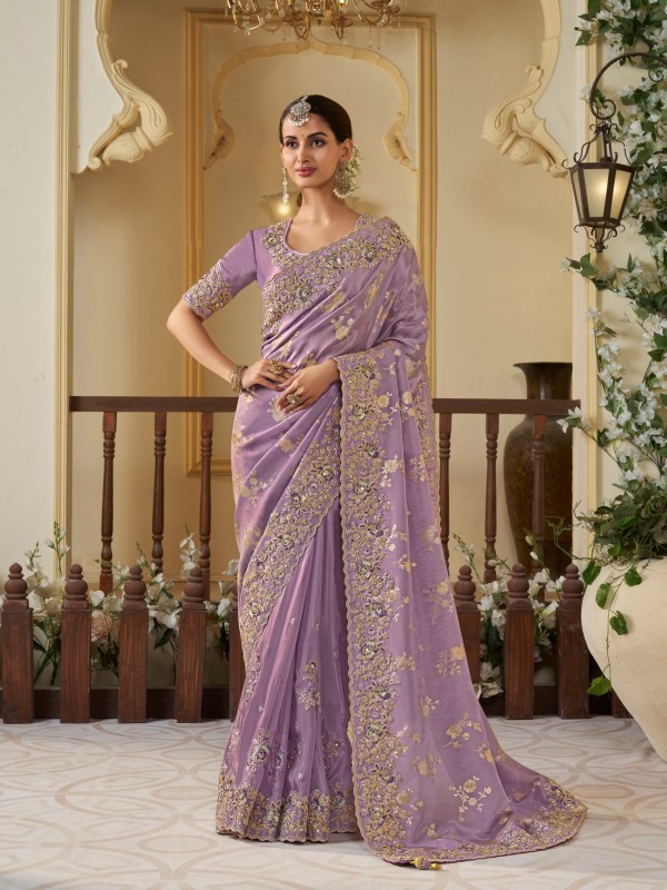 Pure Tissue Silk Wedding wear Purple Color With Embroidery Work