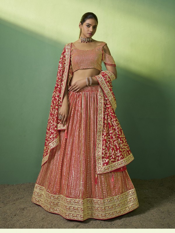 Soft Georgette Party Wear Lehenga In Red Color  With Embroidery Work