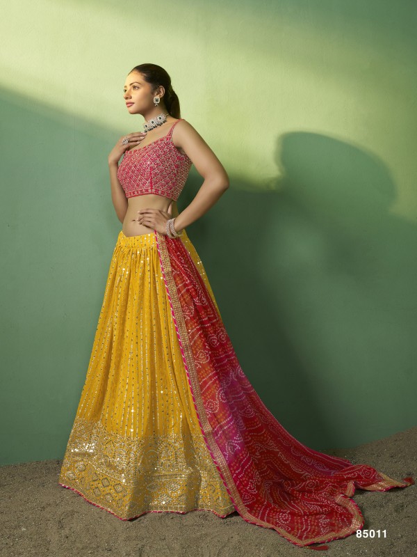 Soft Georgette Party Wear Lehenga In Mustard Color  With Embroidery Work