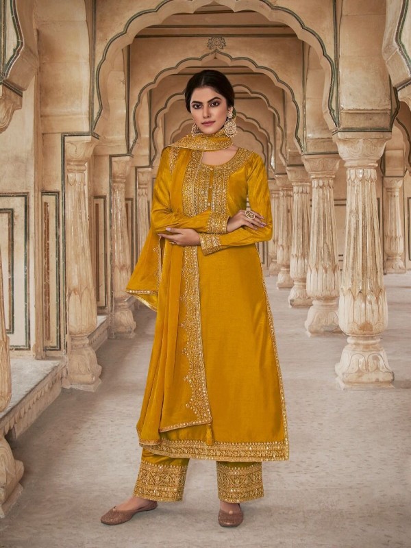 Pure Dola  Silk Party Wear Suit in Yellow Color with Embroidery Work