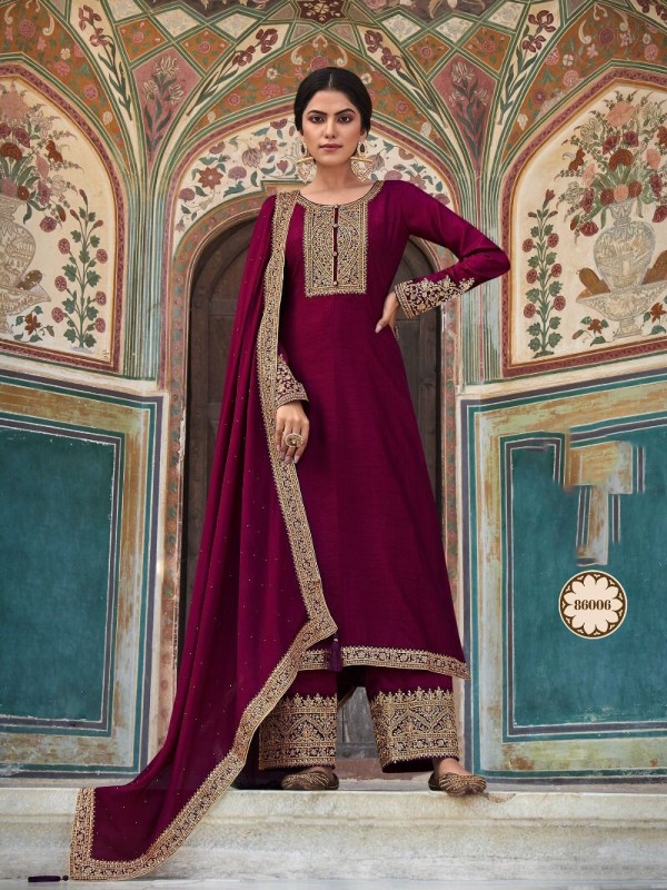 Pure Dola  Silk Party Wear Suit in Wine Color with Embroidery Work
