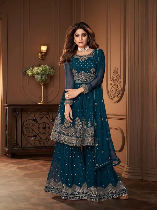  Georgette Party Wear Ready made Sarara in Teal Blue Color with  Embroidery Work