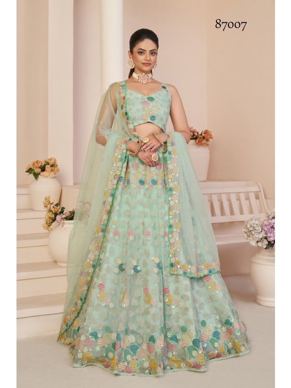Soft Premium Net Party Wear Lehenga In Turquoise Color  With Embroidery Work