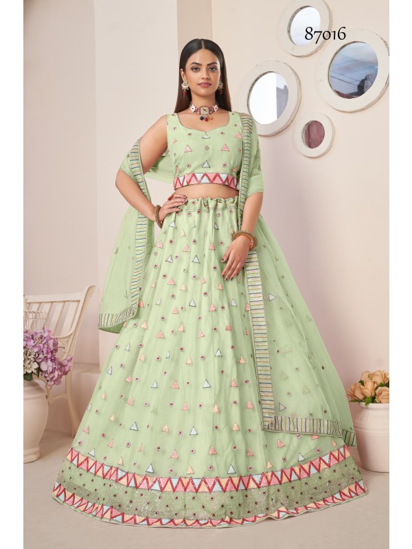Soft Premium Net Party Wear Lehenga In Green Color  With Embroidery Work