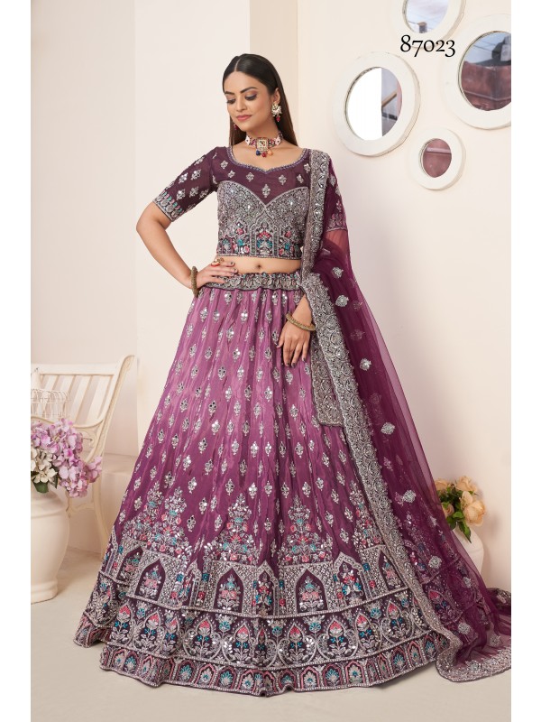 Sateen Silk Party Wear Lehenga In Wine Color  With Embroidery Work