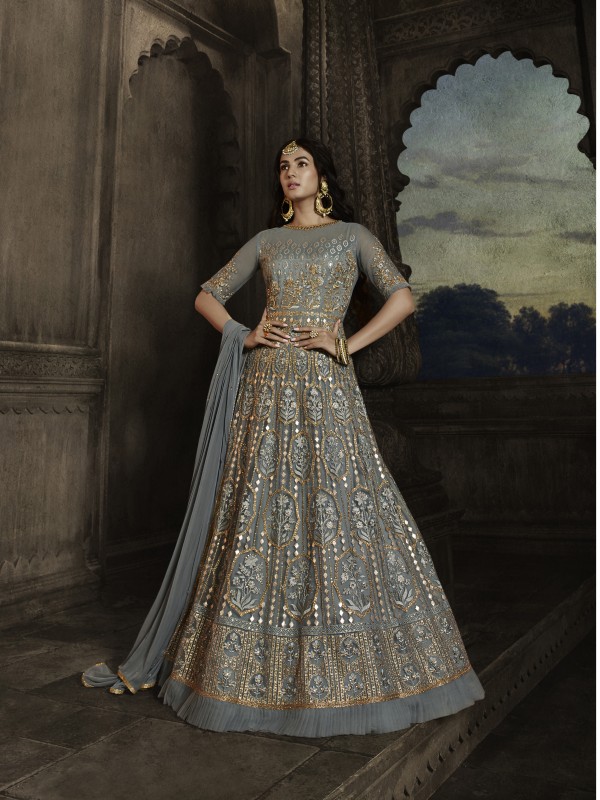 Soft Premium Net Wedding wear Readymade Gown in Grey with Embroidery & Stone work