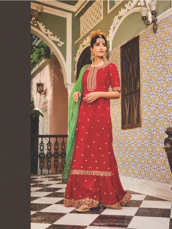Pure Georgette Party Wear Sharara In Red With Embroidery Work 