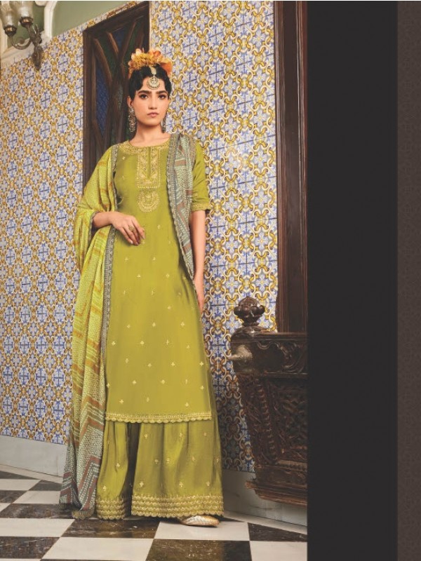 Pure Georgette Party Wear Sharara In Green With Embroidery Work 