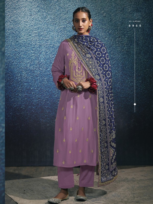 Pure Modal Silk Party Wear Suit in Purple Color with Embroidery Work