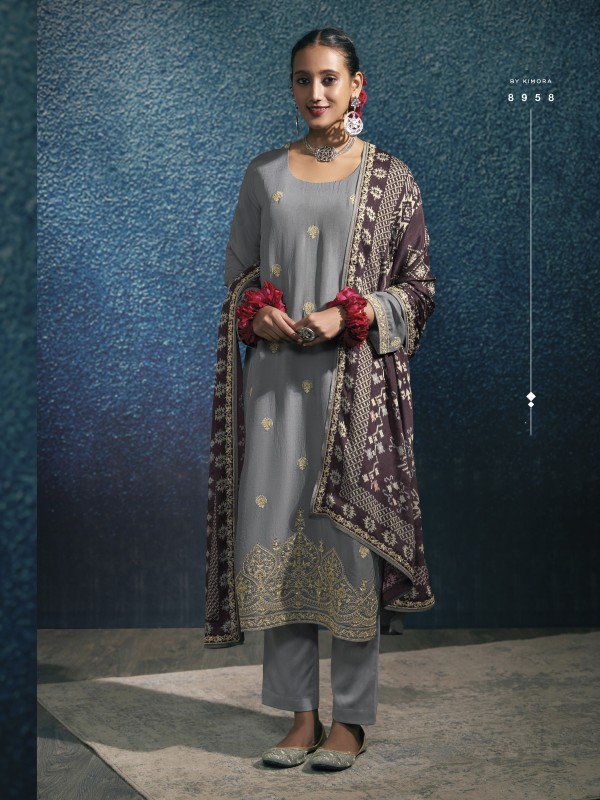 Pure Modal Silk Party Wear Suit in Grey Color with Embroidery Work