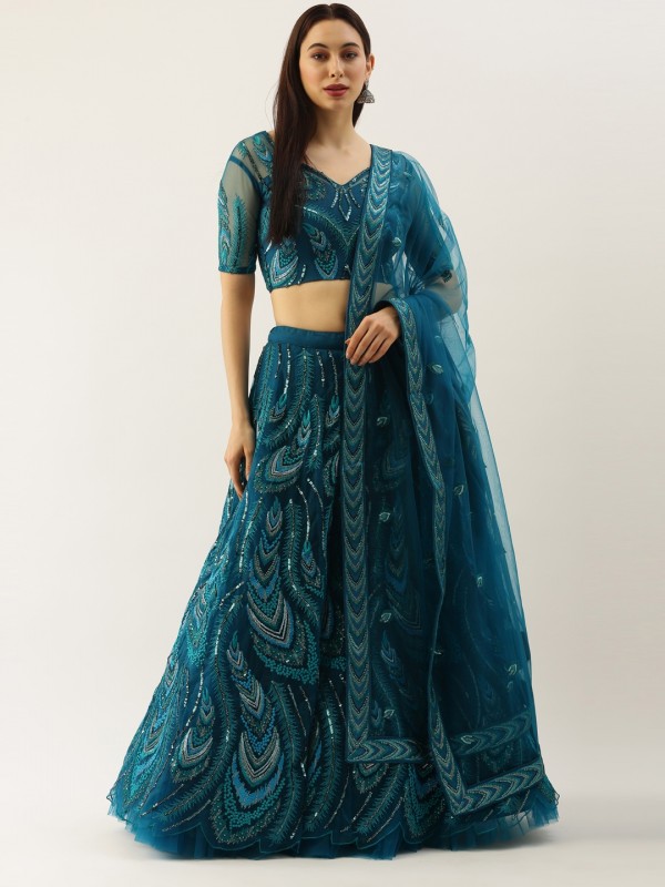 Soft Premium Net Party Wear Wear Lehenga In Teal Blue Color With Embroidery Work 