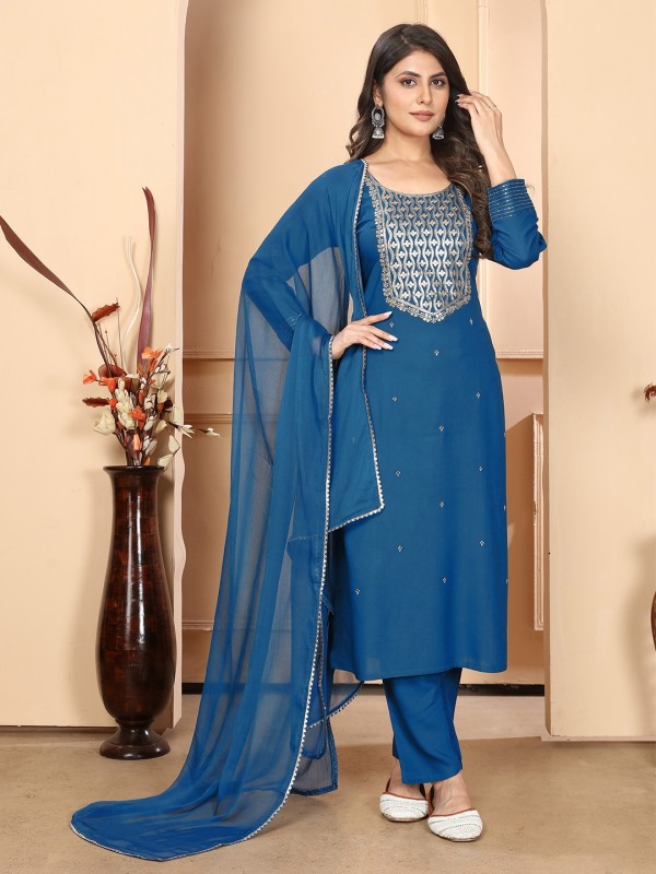 Rayon Silk Party Wear Salwar Suit in Blue Color with Embroidery Work 
