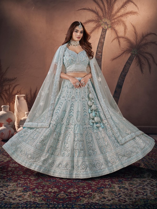 Soft Georgette Fabric Wedding Wear Lehenga In Sky Blue Color With Embroidery Work