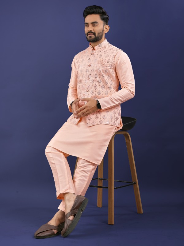 Rayon Silk Readymade Koti Kurta in Peach Color With Embroidery work 