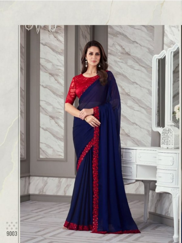 Shimmer Georgette Party Wear  Saree In Blue Color With Embroidery Work