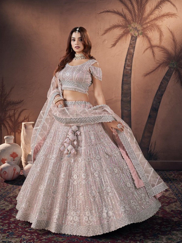 Soft Premium Net Fabric Wedding Wear Lehenga In Pink Color With Embroidery Work