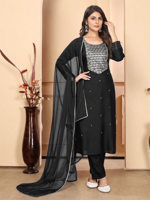 Rayon Silk Party Wear Salwar Suit in Black Color with Embroidery Work 