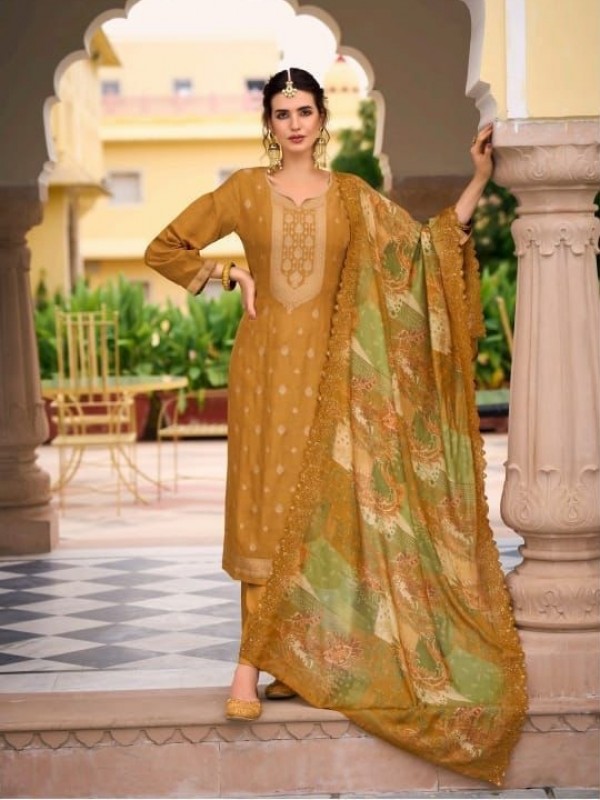 Pure Jacquard Silk  Party Wear Suit in Mustard Color with Embroidery Work