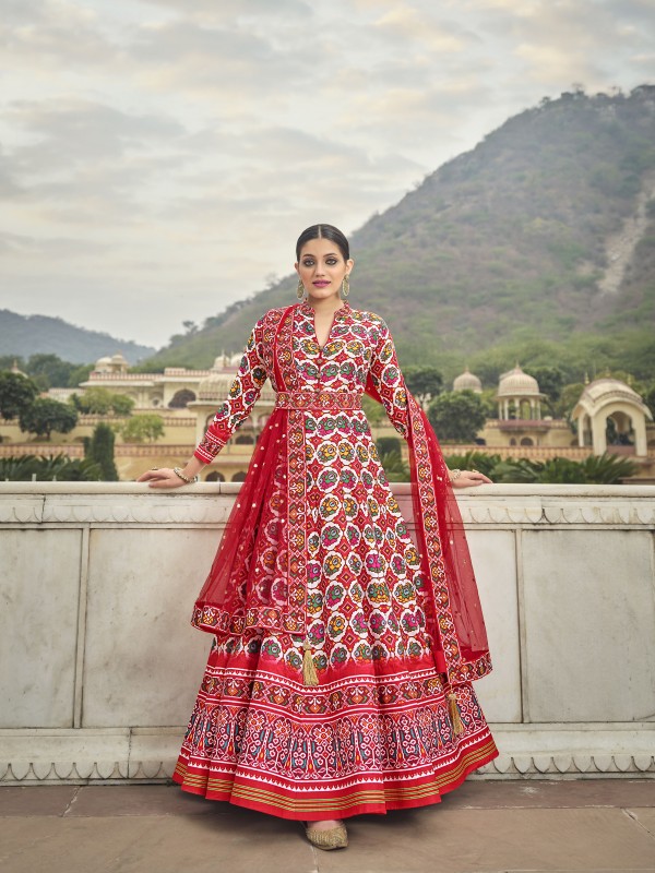 Dola Silk Party Wear Gown Red Color with  Embroidery Work