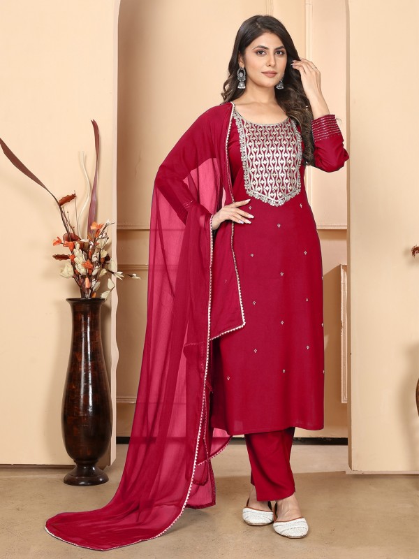 Rayon Silk Party Wear Salwar Suit in Maroon Color with Embroidery Work 