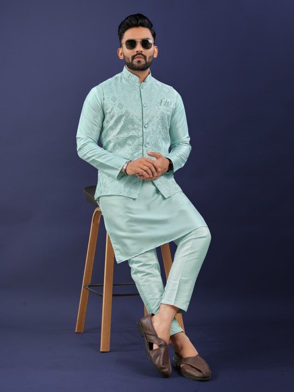 Rayon Silk Readymade Koti Kurta in Sea Blue Color With Embroidery work 