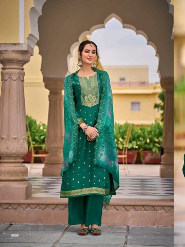 Pure Jacquard Silk  Party Wear Suit in Turquoise Color with Embroidery Work