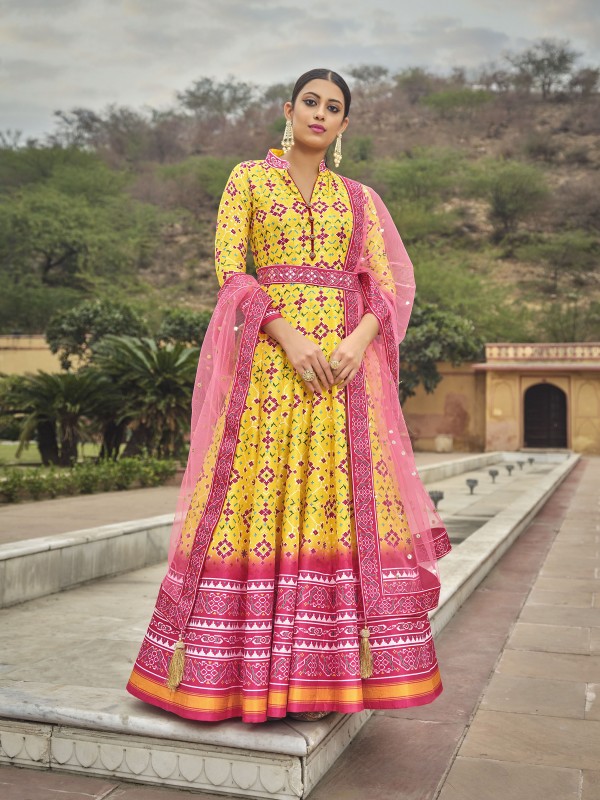 Dola Silk Party Wear Gown Yellow Color with  Embroidery Work