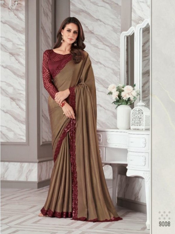 Shimmer Georgette Party Wear  Saree In Brown Color With Embroidery Work