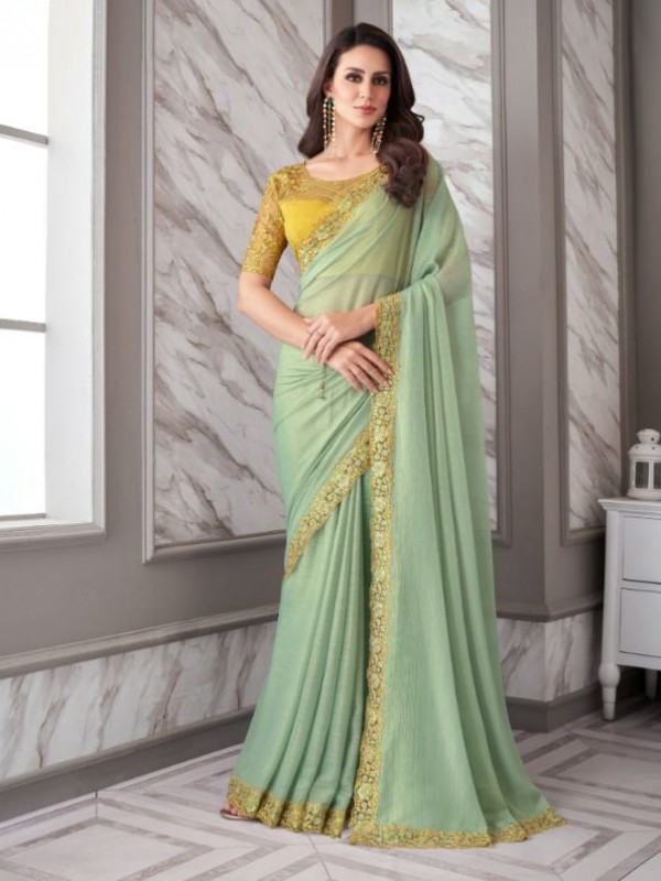 Chiffon Sateen Silk Party Wear  Saree In Green Color With Embroidery Work