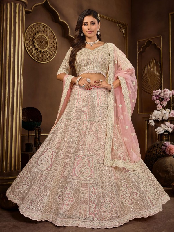 Soft Premium Net Fabric Wedding Wear Lehenga In Peach Color With Embroidery Work