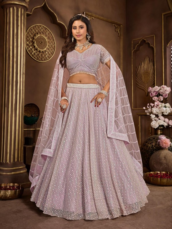 Soft Premium Net Fabric Wedding Wear Lehenga In Lavender Color With Embroidery Work