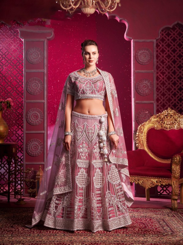 Soft Premium Net Fabric Wedding Wear Lehenga In Pink Color With Embroidery Work