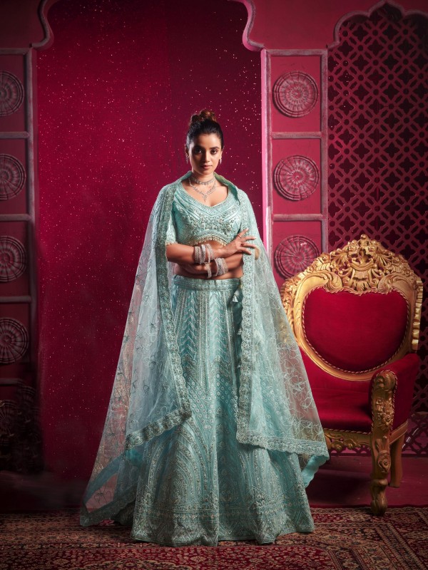 Soft Premium Net Fabric Wedding Wear Lehenga In Sky Blue Color With Embroidery Work