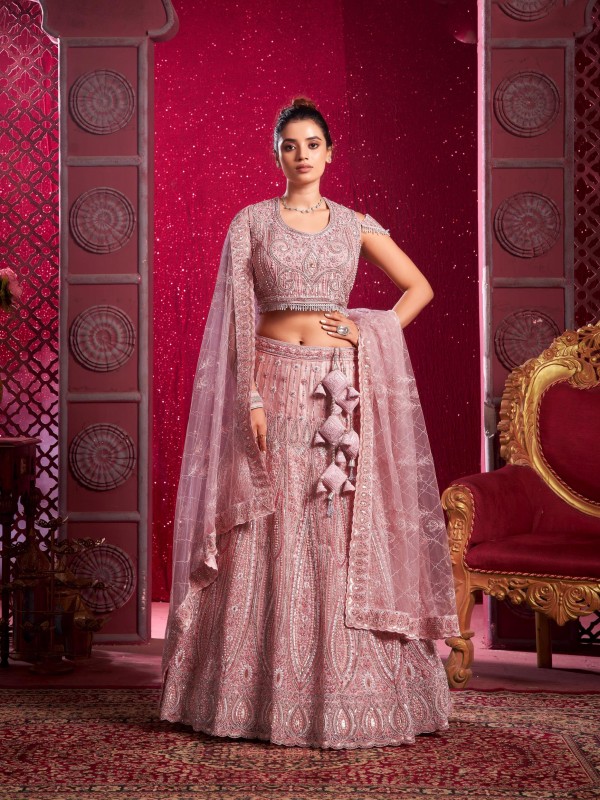 Soft Premium Net Fabric Wedding Wear Lehenga In Pink Color With Embroidery Work
