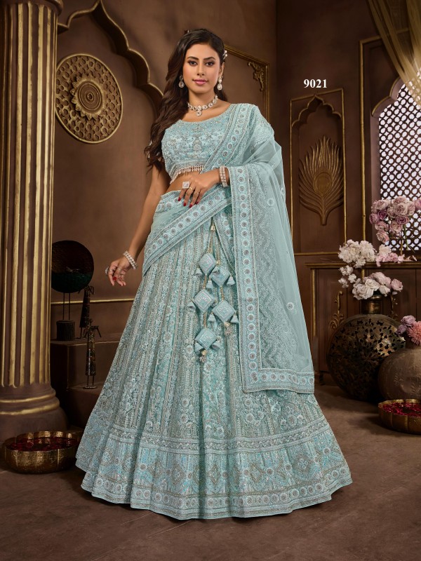 Soft Premium Net Fabric Wedding Wear Lehenga In Sky Blue Color With Embroidery Work