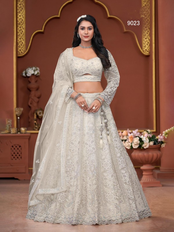 Soft Premium Net Fabric Wedding Wear Lehenga In Off White Color With Embroidery Work