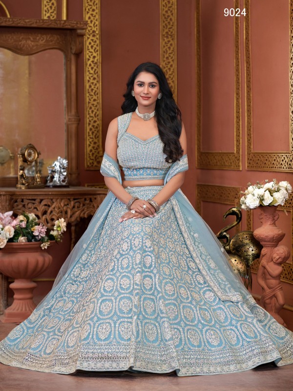 Soft Premium Net Fabric Wedding Wear Lehenga In Sky Color With Embroidery Work