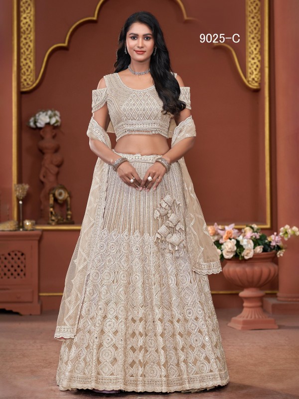 Soft Premium Net Fabric Wedding Wear Lehenga In Cream Color With Embroidery Work