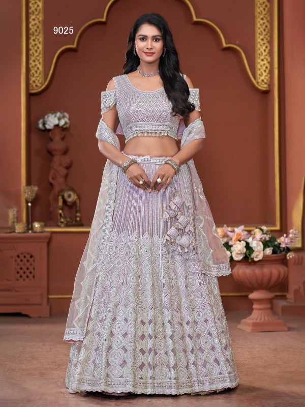 Soft Premium Net Fabric Wedding Wear Lehenga In Lavender Color With Embroidery Work